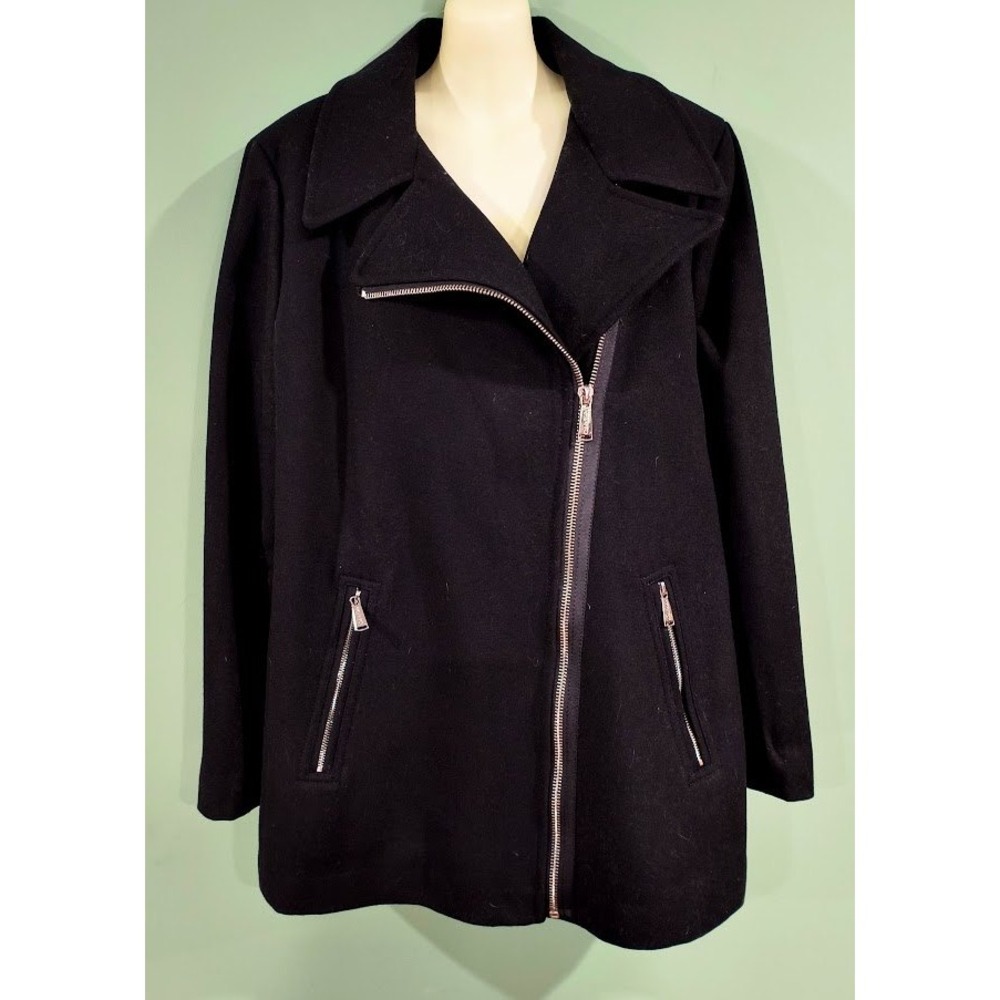 Calvin Klein Premium Black Wool Blend Asymmetrical Zip Moto Jacket Women
